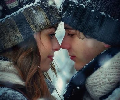 Couple in the snow wearing beanies in deep affectionate love gaze