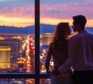 Couple in Las Vegas contemplating a tantra massage with a view from their hotel