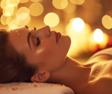 bedazzled woman wearing towel laying down smiling warm background tantra massage hand on chest